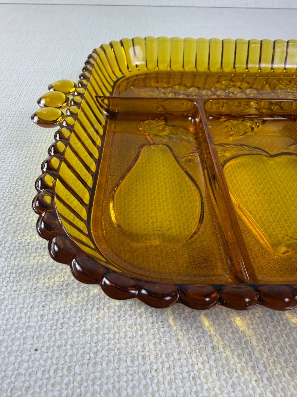 Indiana Glass "Fruits" Pattern Amber Relish Tray — 5-Section Divided Dish - Picture 8 of 9